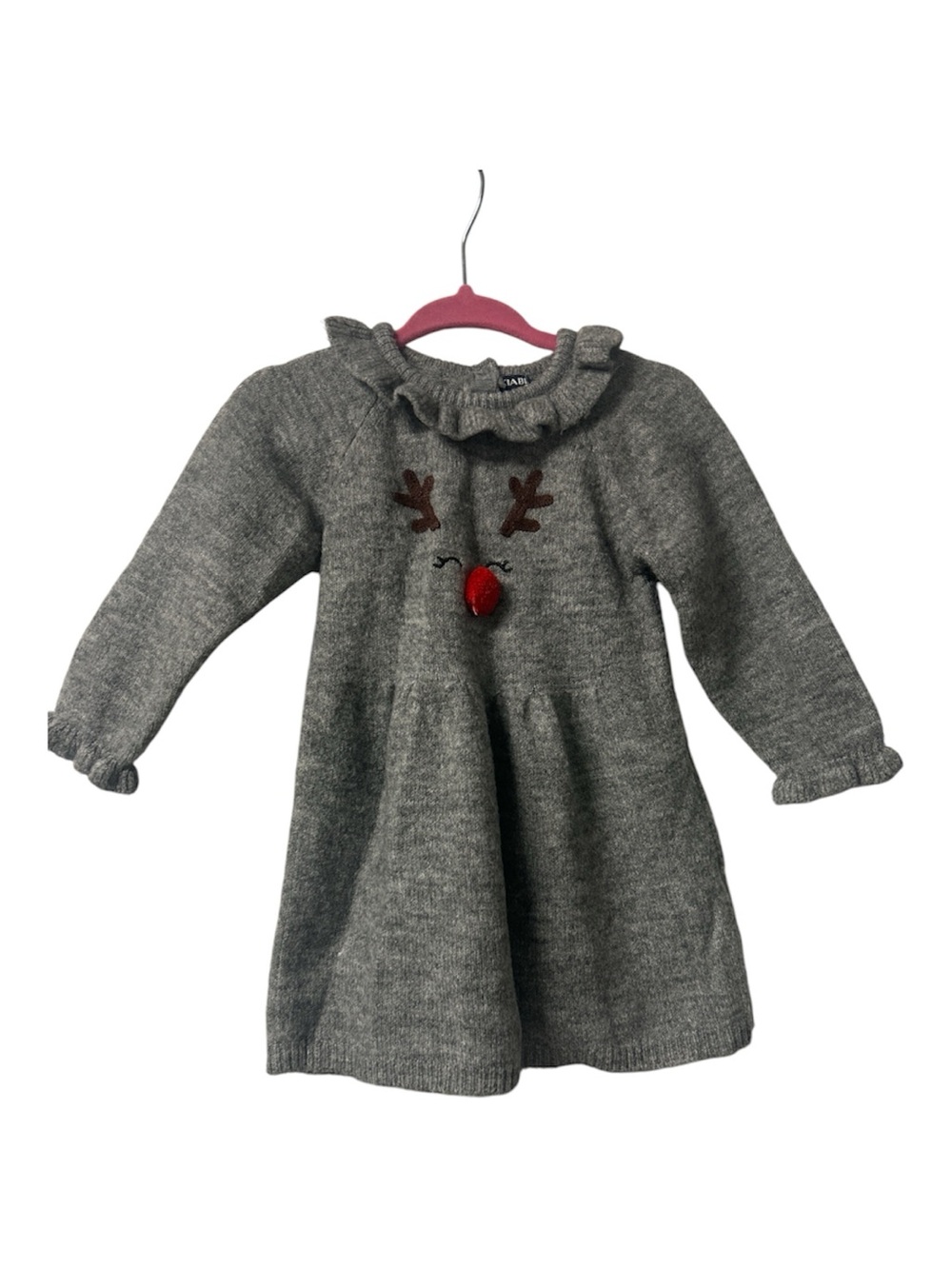 Girls Grey Reindeer Knit Dress with Ruffle Collar size 9M